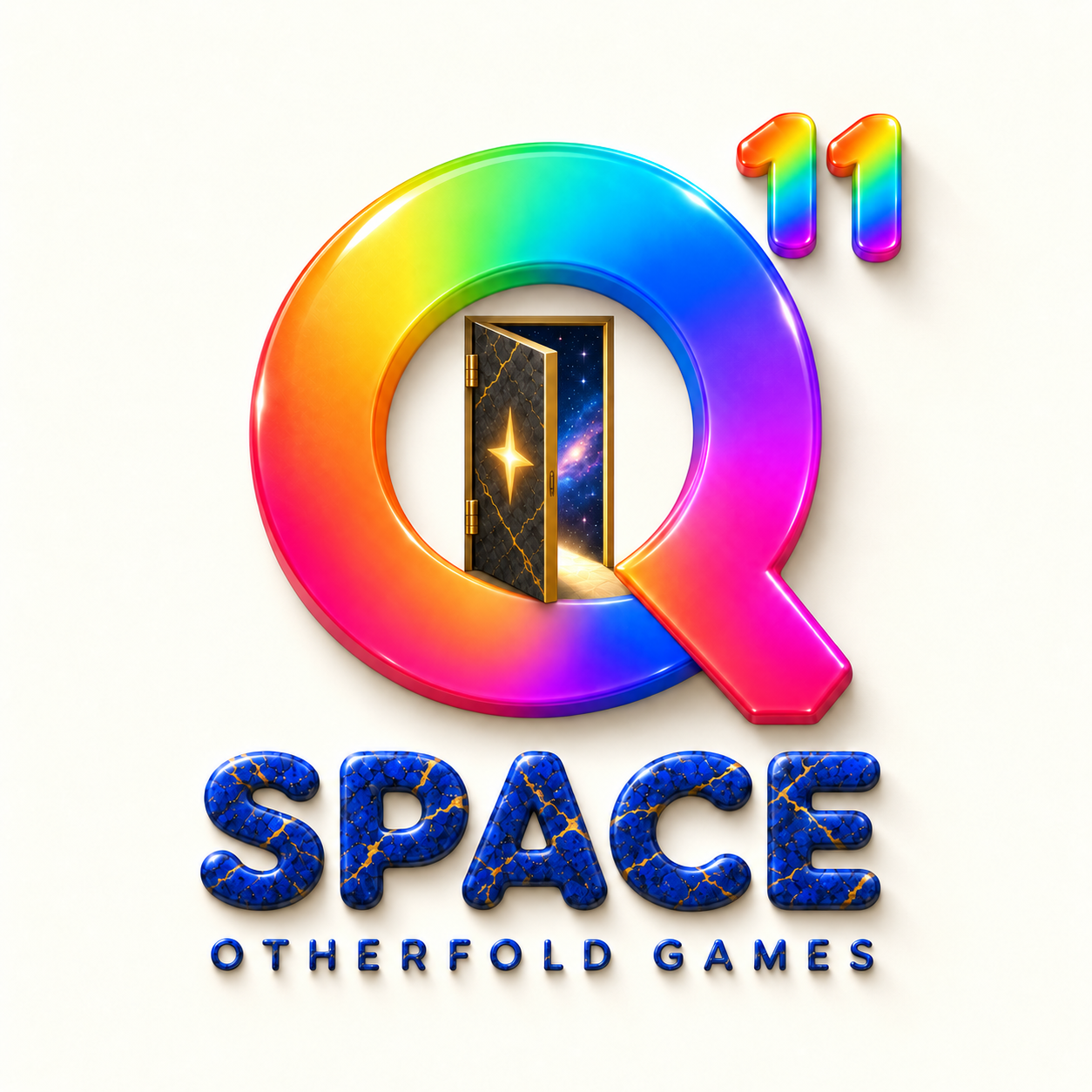 Q¹¹ Space, Otherfold Games: una Q arcobaleno con una porta antracite e oro aperta su un cielo stellato